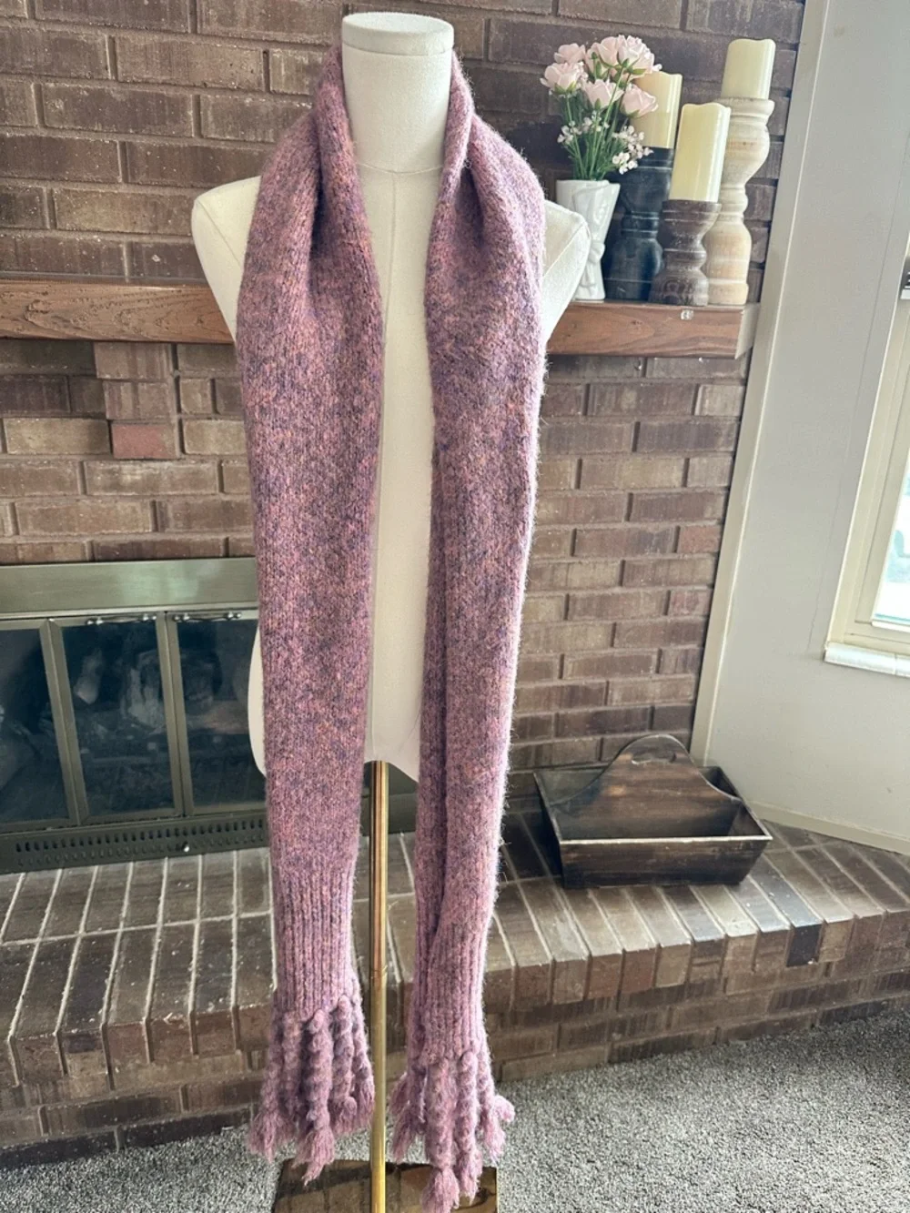 NWT Anthropologie Chunky Knit Oversized Fringe Scarf Purple Pink Marl One Size